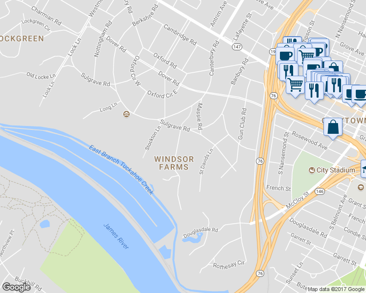 map of restaurants, bars, coffee shops, grocery stores, and more near 305 Clovelly Road in Richmond