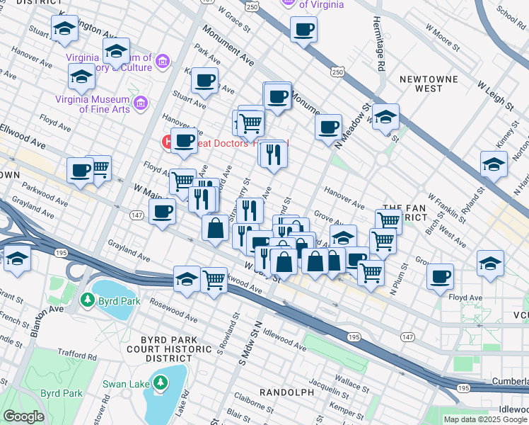 map of restaurants, bars, coffee shops, grocery stores, and more near in Richmond
