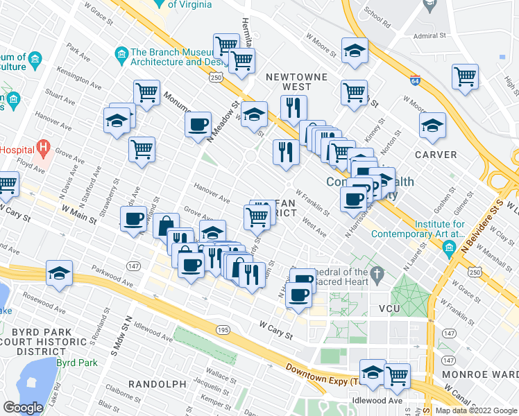 map of restaurants, bars, coffee shops, grocery stores, and more near 1610 Hanover Avenue in Richmond