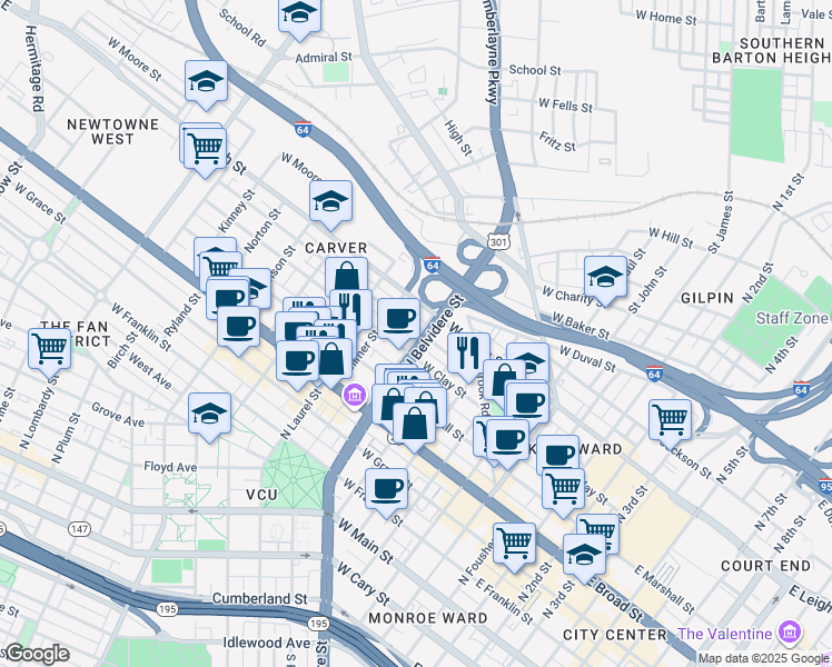 map of restaurants, bars, coffee shops, grocery stores, and more near 521 Catherine Street in Richmond