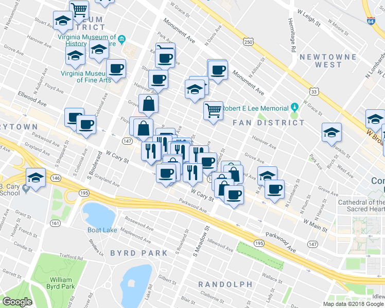 map of restaurants, bars, coffee shops, grocery stores, and more near 2221 Floyd Avenue in Richmond