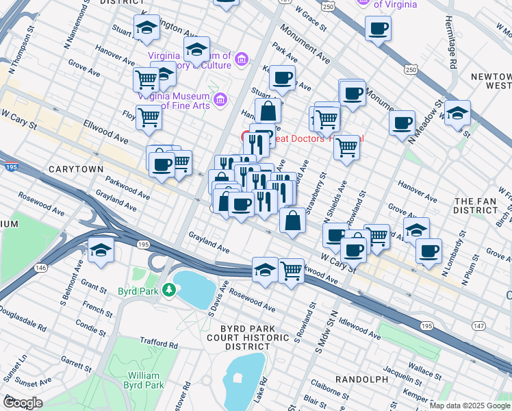 map of restaurants, bars, coffee shops, grocery stores, and more near 13 South Davis Avenue in Richmond