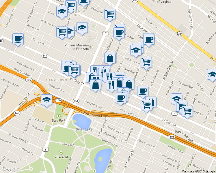 map of restaurants, bars, coffee shops, grocery stores, and more near 2507 West Main Street in Richmond