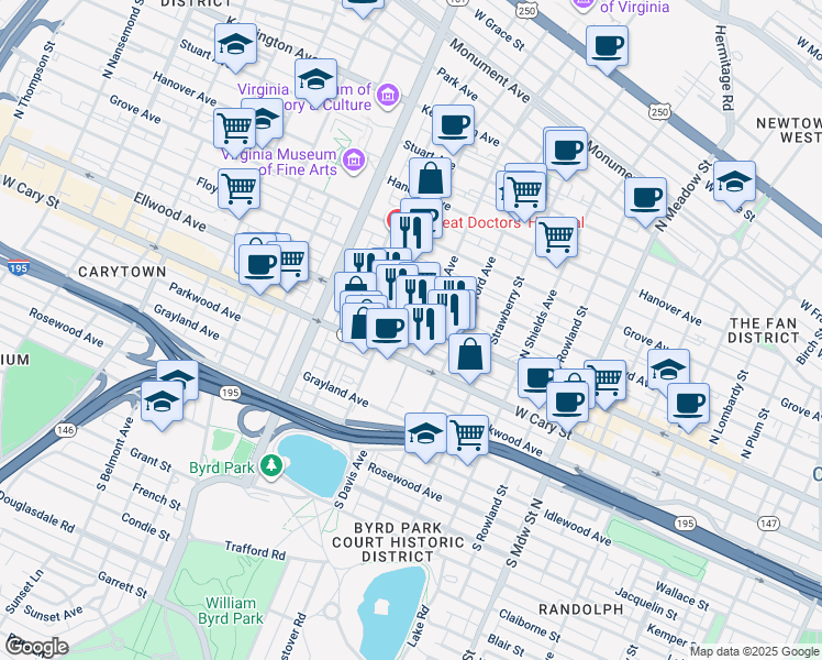 map of restaurants, bars, coffee shops, grocery stores, and more near 2507 West Main Street in Richmond