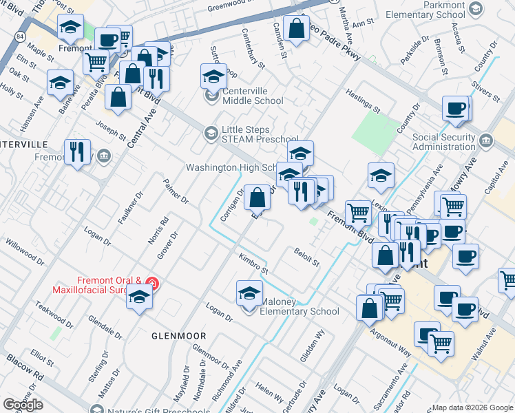 map of restaurants, bars, coffee shops, grocery stores, and more near 4179 Eggers Drive in Fremont