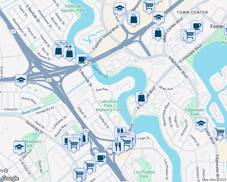 map of restaurants, bars, coffee shops, grocery stores, and more near 1608 Marina Court in San Mateo