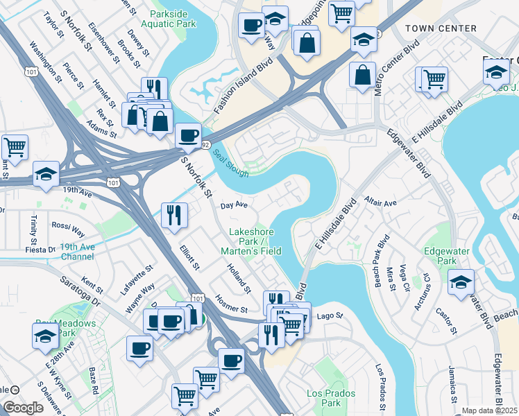map of restaurants, bars, coffee shops, grocery stores, and more near 1608 Marina Court in San Mateo