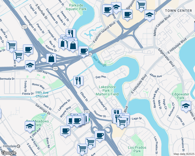 map of restaurants, bars, coffee shops, grocery stores, and more near 2327 South Norfolk Street in San Mateo