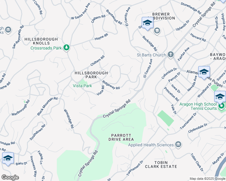 map of restaurants, bars, coffee shops, grocery stores, and more near 25 Vía Delizia in Hillsborough