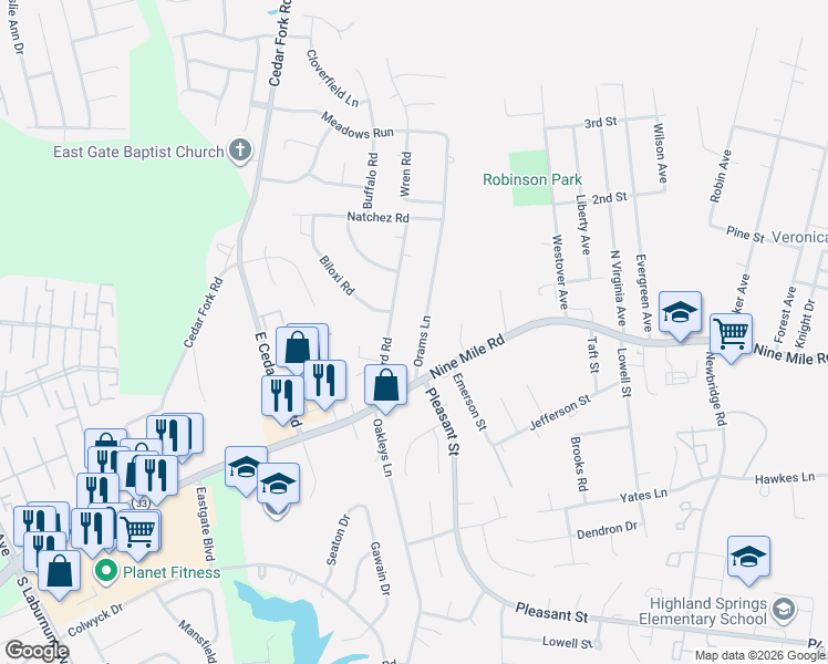 map of restaurants, bars, coffee shops, grocery stores, and more near 15 Bayard Road in Richmond