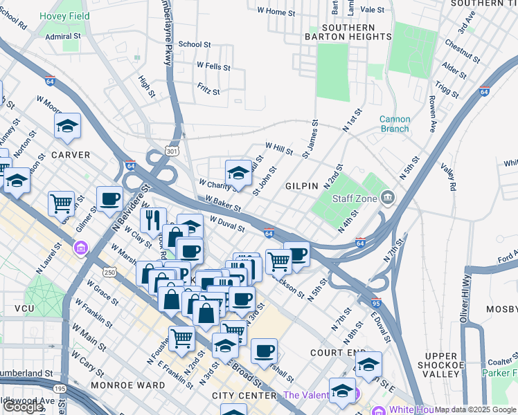 map of restaurants, bars, coffee shops, grocery stores, and more near 8 West Baker Street in Richmond