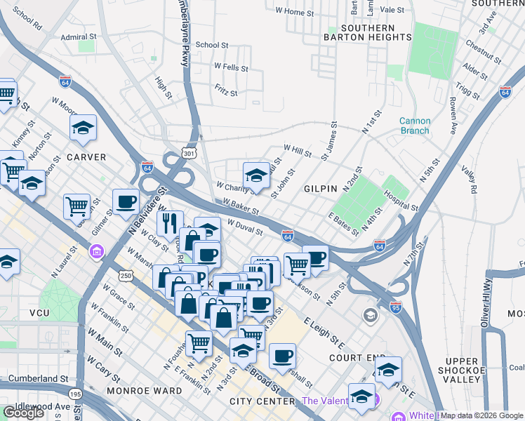 map of restaurants, bars, coffee shops, grocery stores, and more near 8 West Baker Street in Richmond