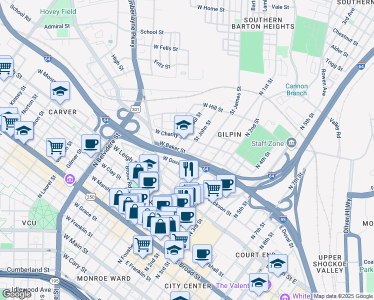 map of restaurants, bars, coffee shops, grocery stores, and more near 8 West Baker Street in Richmond
