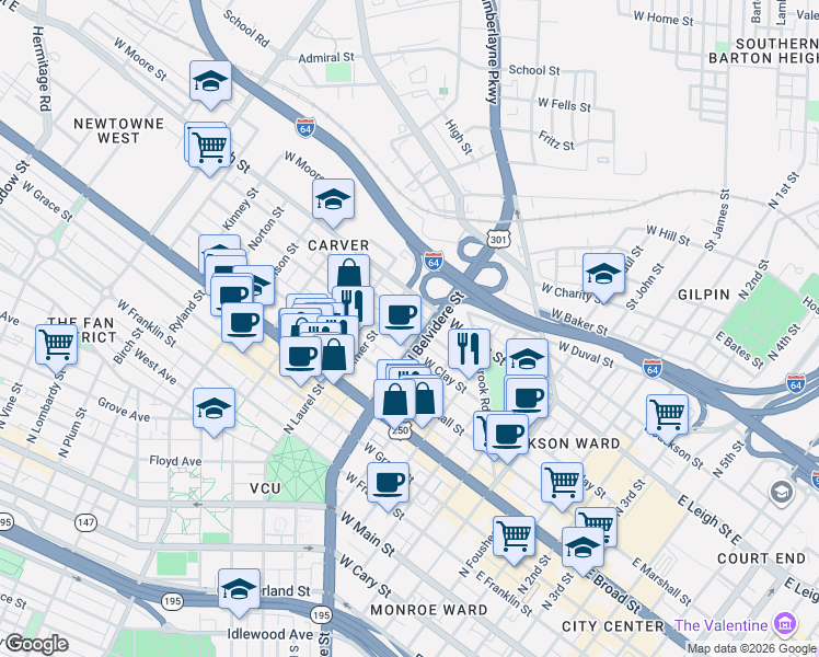 map of restaurants, bars, coffee shops, grocery stores, and more near 711 West Clay Street in Richmond