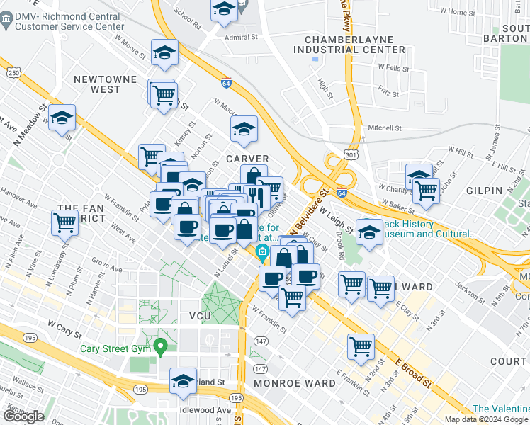 map of restaurants, bars, coffee shops, grocery stores, and more near 810 West Marshall Street in Richmond