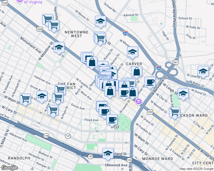 map of restaurants, bars, coffee shops, grocery stores, and more near 934 West Grace Street in Richmond