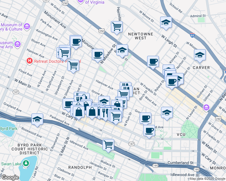 map of restaurants, bars, coffee shops, grocery stores, and more near 203 North Allen Avenue in Richmond