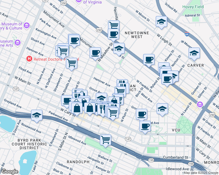 map of restaurants, bars, coffee shops, grocery stores, and more near 203 North Allen Avenue in Richmond