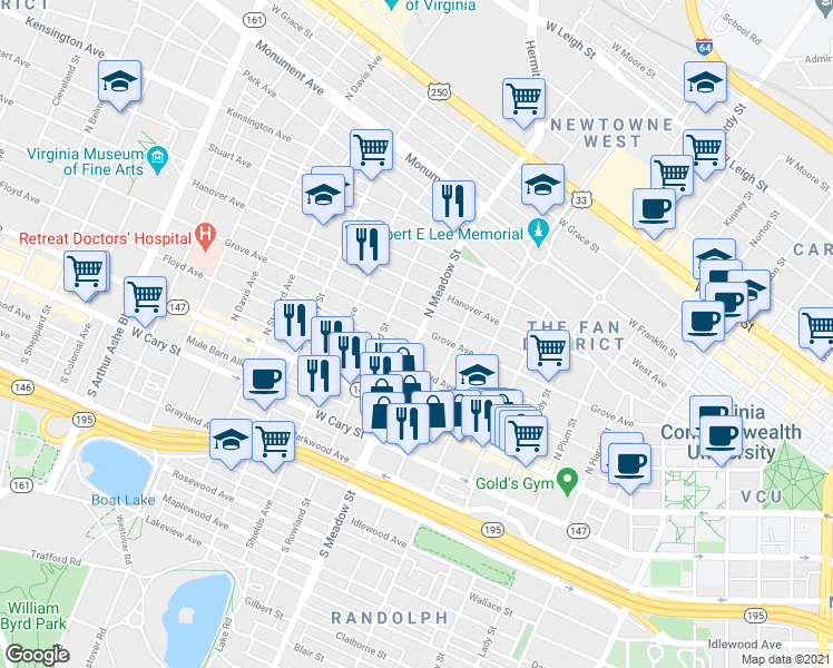 map of restaurants, bars, coffee shops, grocery stores, and more near 1925 Grove Avenue in Richmond