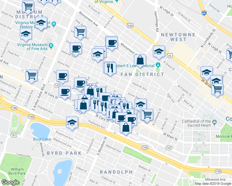map of restaurants, bars, coffee shops, grocery stores, and more near 2022 Floyd Avenue in Richmond