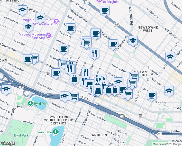 map of restaurants, bars, coffee shops, grocery stores, and more near in Richmond