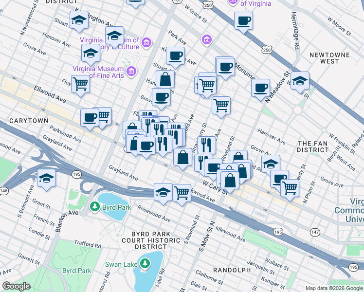 map of restaurants, bars, coffee shops, grocery stores, and more near 1 North Stafford Avenue in Richmond