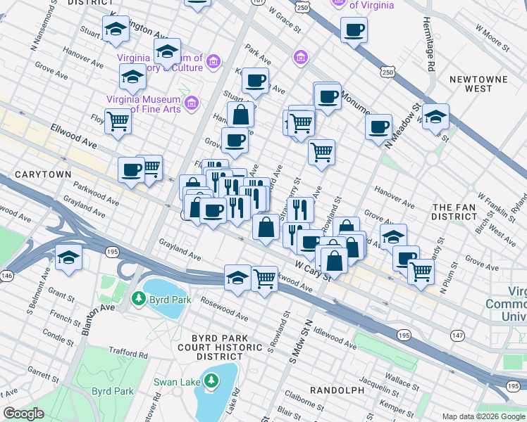 map of restaurants, bars, coffee shops, grocery stores, and more near 1 North Stafford Avenue in Richmond