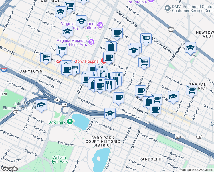 map of restaurants, bars, coffee shops, grocery stores, and more near 13 South Davis Avenue in Richmond