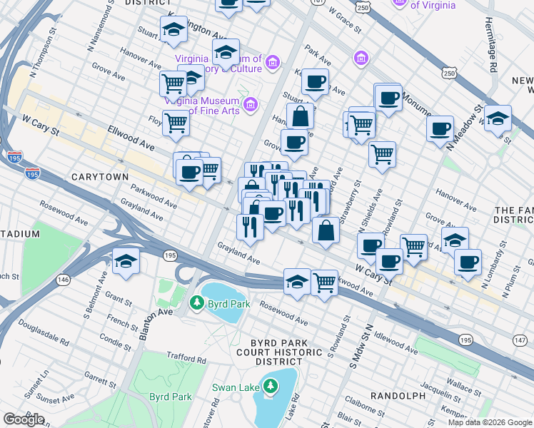 map of restaurants, bars, coffee shops, grocery stores, and more near 2512 West Cary Street in Richmond