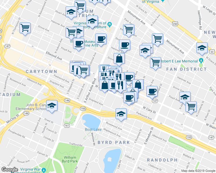 map of restaurants, bars, coffee shops, grocery stores, and more near 2512 West Cary Street in Richmond
