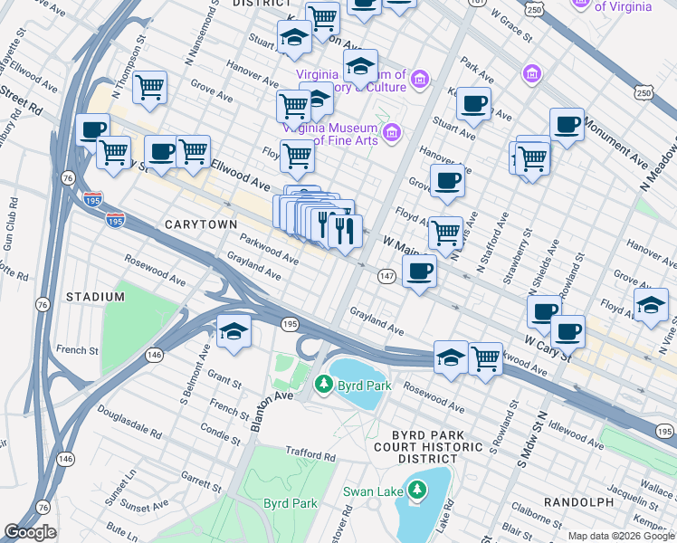 map of restaurants, bars, coffee shops, grocery stores, and more near 202 South Colonial Avenue in Richmond