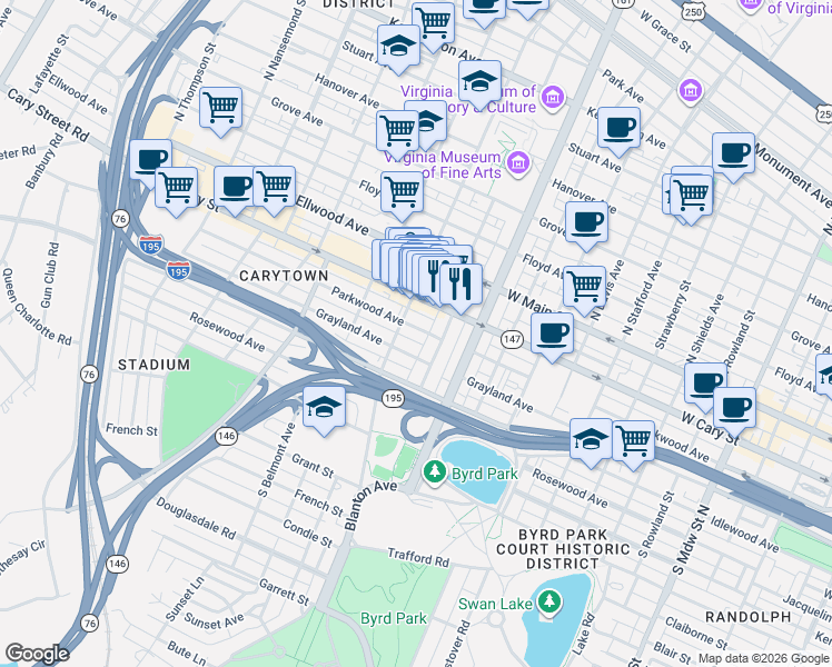 map of restaurants, bars, coffee shops, grocery stores, and more near 202 South Colonial Avenue in Richmond