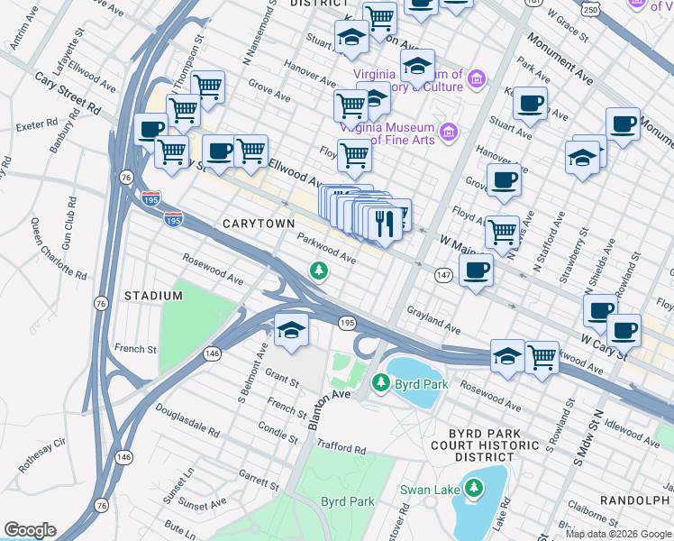 map of restaurants, bars, coffee shops, grocery stores, and more near 2928 Grayland Avenue in Richmond