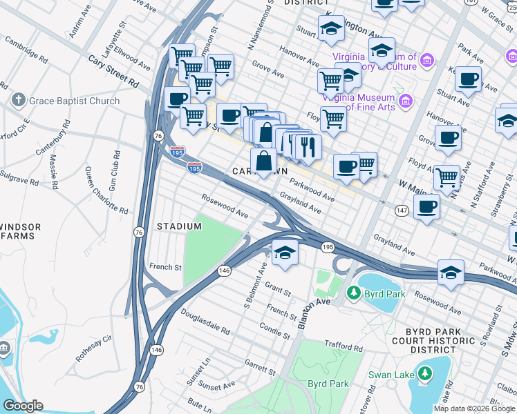 map of restaurants, bars, coffee shops, grocery stores, and more near 3200 Rosewood Avenue in Richmond