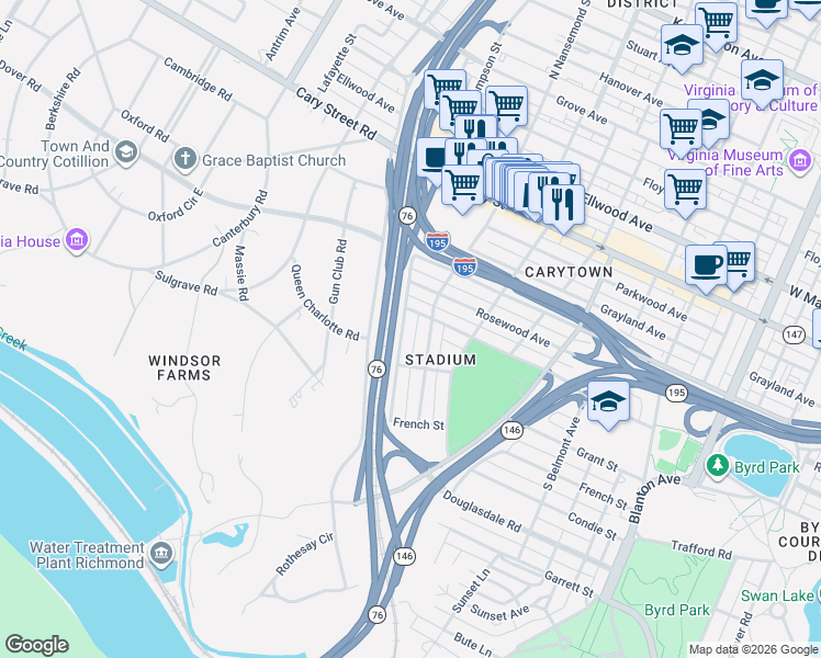 map of restaurants, bars, coffee shops, grocery stores, and more near 611 Rothesay Road in Richmond