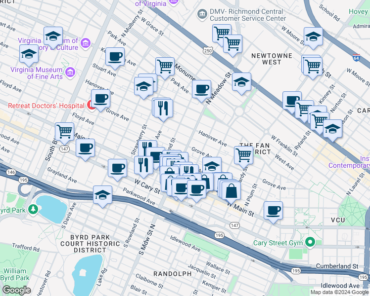 map of restaurants, bars, coffee shops, grocery stores, and more near 2001 Grove Avenue in Richmond