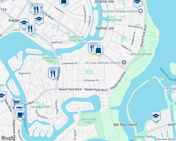 map of restaurants, bars, coffee shops, grocery stores, and more near 150 Ketch Court in Foster City