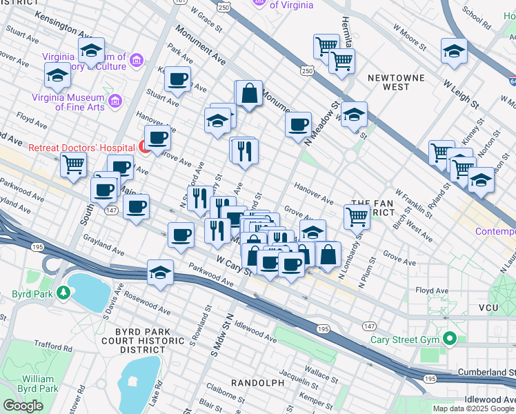 map of restaurants, bars, coffee shops, grocery stores, and more near 109 North Rowland Street in Richmond