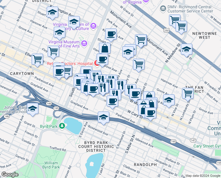 map of restaurants, bars, coffee shops, grocery stores, and more near 2406 West Main Street in Richmond