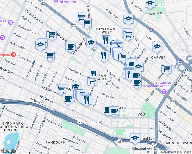 map of restaurants, bars, coffee shops, grocery stores, and more near 1601 Park Avenue in Richmond