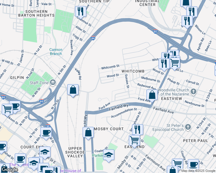 map of restaurants, bars, coffee shops, grocery stores, and more near 1900 Hospital Street in Richmond