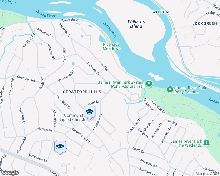 map of restaurants, bars, coffee shops, grocery stores, and more near 7501 Rockfalls Drive in Richmond