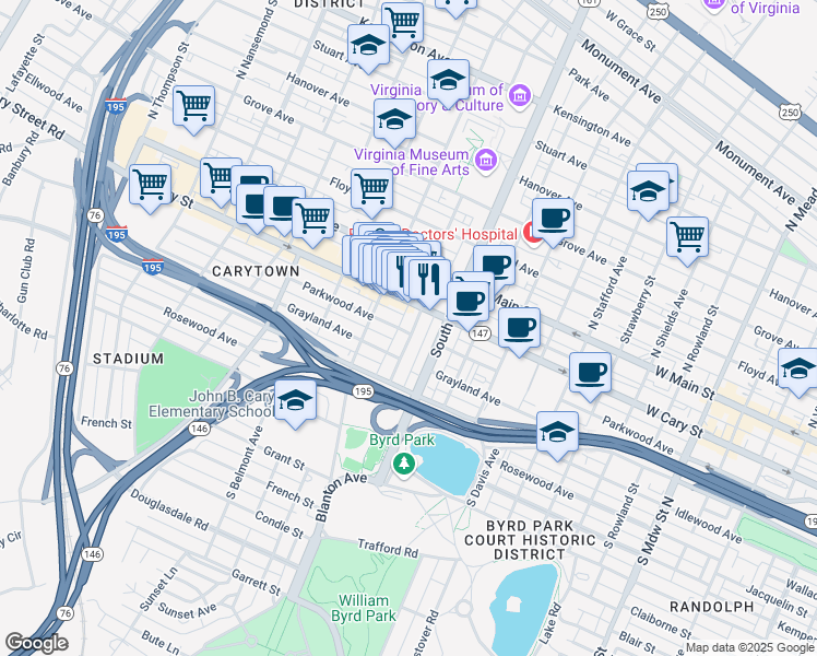 map of restaurants, bars, coffee shops, grocery stores, and more near 116 South Colonial Avenue in Richmond