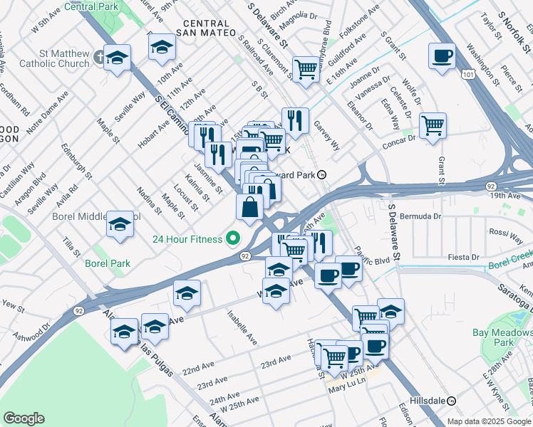 map of restaurants, bars, coffee shops, grocery stores, and more near 1750 South El Camino Real in San Mateo