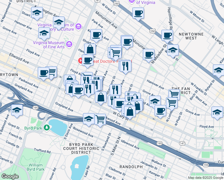 map of restaurants, bars, coffee shops, grocery stores, and more near 2221 Floyd Avenue in Richmond