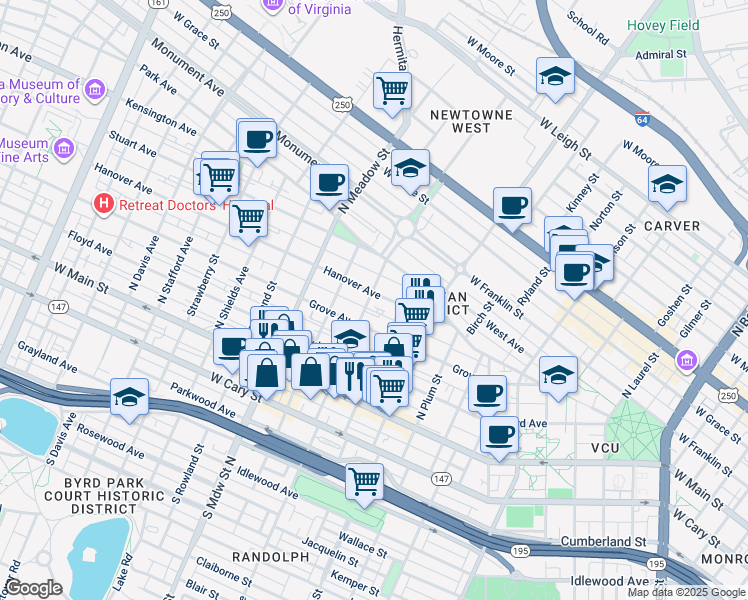map of restaurants, bars, coffee shops, grocery stores, and more near 1723 Hanover Avenue in Richmond