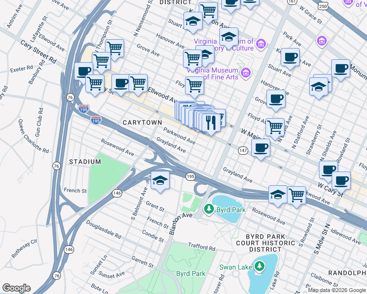 map of restaurants, bars, coffee shops, grocery stores, and more near 2928 Grayland Avenue in Richmond