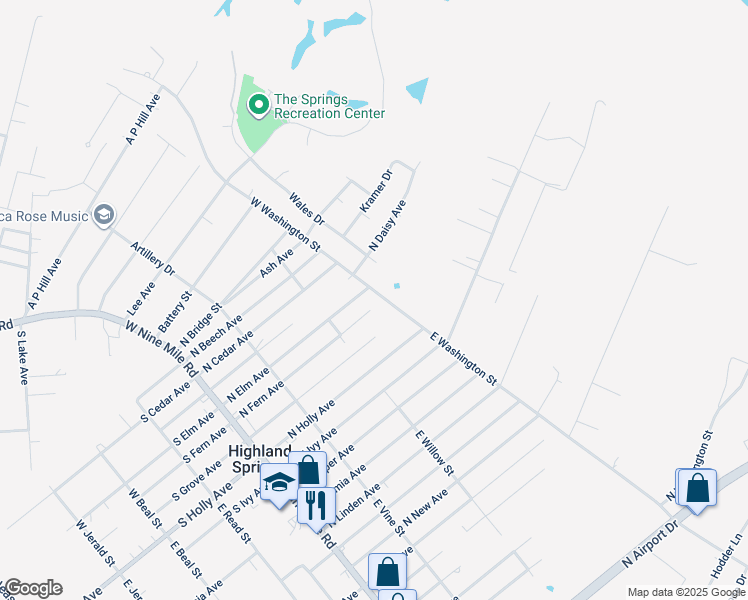 map of restaurants, bars, coffee shops, grocery stores, and more near 201 West Washington Street in Highland Springs