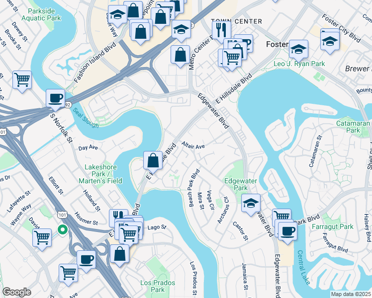 map of restaurants, bars, coffee shops, grocery stores, and more near 653 Libra Lane in Foster City