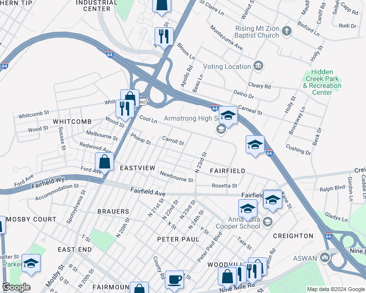 map of restaurants, bars, coffee shops, grocery stores, and more near 2015 Carroll Street in Richmond